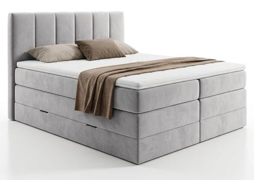 Sofnet Boxspringbett Star XL mit 2 Bettkästen und Topper, mit Taschenfederkern- und Bonellfederkernmatratze, Doppelbett, Polsterbett aus Veloursstoff mit Stauraum (Grau (Paros 05), 160 x 200 cm)