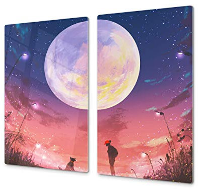 Couvre-cuisinière à induction – Planche de cuisine en verre trempé – Couvre-plaques de cuisson – UNE PIÈCE (60x52 cm) ou DEUX PIÈCES (30x52 cm chacune); D13 Série D'art: Lune avec des fleurs