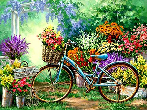 YEESAM ART DIY Paint by Numbers for Adults Beginner, Flowers Mart & Bicycle 16x20 inch Linen Canvas Acrylic Stress Less Number Painting Gifts (Bicycle, with Frame)