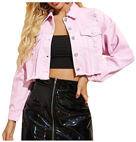 LifeShe Damen Jeansjacke mit ausgefranstem Saum - Pink - Groß