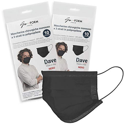 Go-Form DAVE Tipo I, CE - Mascherine Chirurgiche - 10 Pezzi, Colore Nero