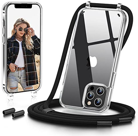 GOODVISH Handykette kompatibel mit iPhone 12 Pro Max 6,7 Display, Necklace Hülle mit Band Handyhülle für zum Umhängen,Transparent Case mit Schnur 12 Pro Max Schutzhülle mit Kordel, Schwarz