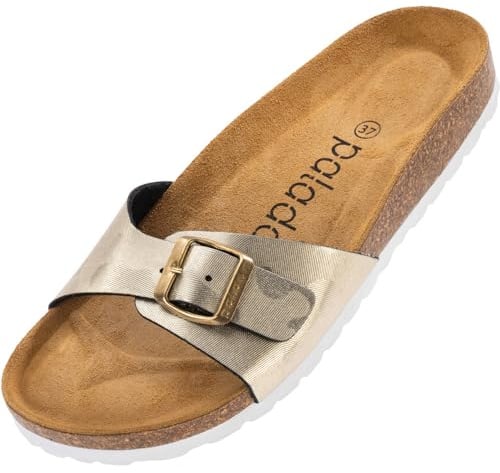 Palado Damen Pantoletten Malta Texas - modische Sandalen Made in Spain - bequeme Hausschuhe mit dämpfendem Kork-Fußbett - elegante Sommerschuhe Gold UK3,5 - EU36