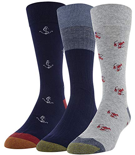 Gold Toe Men's Timeless Classics Crew Socks, 3-Pairs, Grey Lobsters/Peacoat Rib/Peacoat Anchors, large