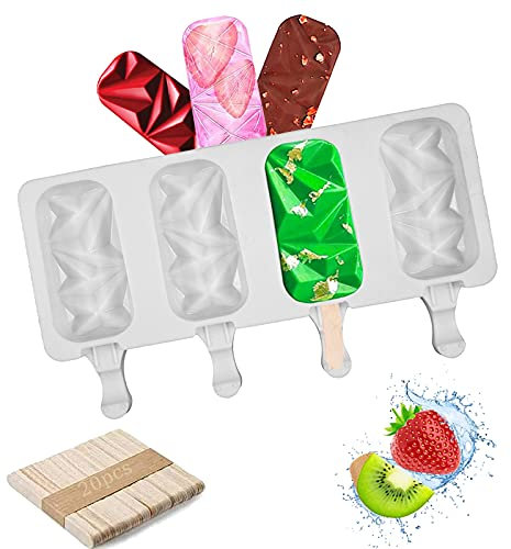 Eisformen Silikon-Form,4 Zellen Lebensmittelecht Eisformen Popsicle Formen Silikonformen für Eis am Stiel Wiederverwendbare Starter Ice Pop Molds für Kinder,Erwachsene,Schokolade,Mit 20pcs Stöcken