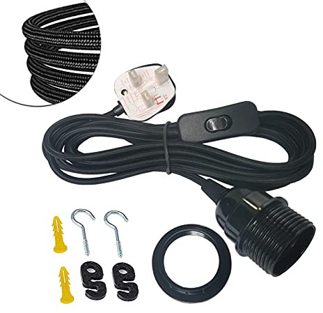 Weeoley Lamp Holder Suspended Pendant Light Fitting Kit, Extension Hanging Lantern Fabric Cord Cable, On/Off Switch/UK Plug,E26/E27 Lamp Socket (Black,4.5m)