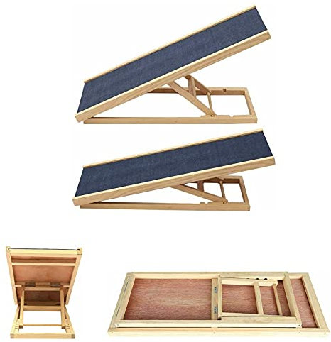 Hunderamp Holz Dog Ramp Indoor & Outdoor, aus Echtholz, mit 2 Höhenverstellbar und Rutschfestem Teppich, Zusammenklappbares Tragbares Design für Haustiere Einstiegshilfe für Kofferraum- 70 cm x 35 cm