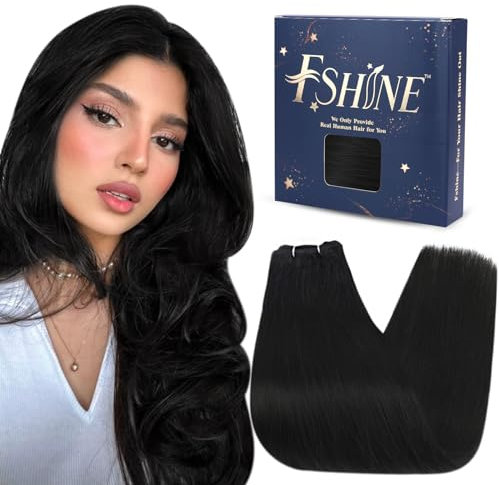 Fshine Haarverlängerung Echthaar Tressen Echthaar 55cm Pechschwarz Sew in Weft Extensiones Echthaar Tressen Haartressen Echthaar zum Einnähen 100g Farbe 1