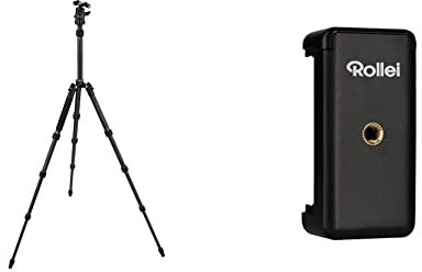 Rollei Compact Traveler No. 1 Carbon-sehr leichtes Reisestativ aus Carbon mit einem Packmaß von nur 33 cm,Schwarz & Smartphone Halterung-universeller Halter für ihr Smartphone mit 1/4“ Gewinde,Schwarz