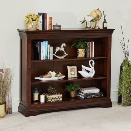 The Furniture Market French Hardwood Mahogany Stained Wide Low Bookcase – Adjustable Shelves, Solid Acacia Wood, Timeless French Design, Durable Satin Lacquer Finish - H 1120mm x W 1340mm x D 320mm