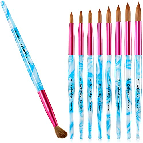 Kolinsky Lot de 8 pinceaux à ongles en acrylique pour ongles en forme de sertissage pour application en acrylique, poils de cheveux, pinceaux à poudre acrylique Kolinsky Taille 4, 6, 8, 10, 12, 14,
