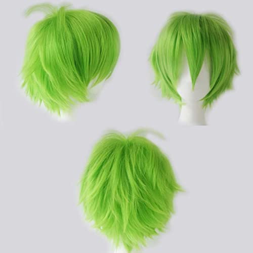 Anime Perücke Grün Kurze Cosplay Perücken Grün Damen Herren Synthetische Gerade Fancy Dress Perücke Gewellt Glatt Perücken Halloween Karneval Kostüm Party Perücke mit Gratis Mütze für Frauen Männer