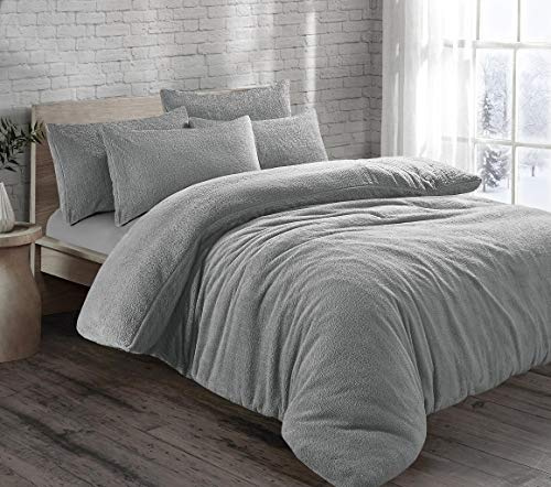 NIGHTZONE Teddy Fleece Duvet Cover Set With Pillow Case Thermal Fleece Warm Cosy Soft Fur Teddy Bedding Duvet Cover Set (Silver, Super King)