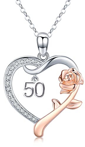 50th Birthday Necklace Personalized 925 Sterling Silver Rose Heart Pendant Necklace Initial Birthday Anniversary Jewellery Gifts for Mom Grandma Women