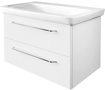 FACKELMANN Milano Badmöbel Set 2-teilig, Waschbecken aus Keramik, Waschbeckenunterschrank mit 2 Schubladen in Weiß, verchromte Griffe, hängend, 90 cm breit