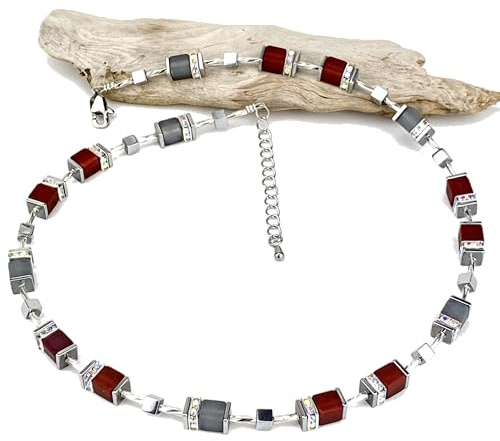Individuelles Kunsthandwerk Handgemachte Hals Kette mit Polaris Würfel und Hämatit Edelstein sowie einem Edelstahlverschluss mit Verlängerung