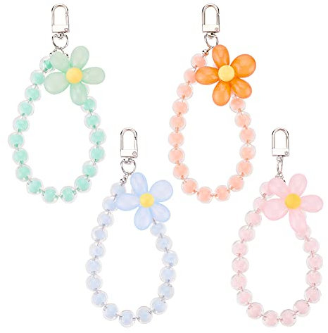 WEBEEDY 4 PCS Perlé Téléphone Longe Dragonne Mignon Kawaii Fleur Floral Bracelet Porte-Clés Anti-Perdu Téléphone Charme Chaîne Téléphone Porte-Clés Décorations Accessoires pour Femmes Filles