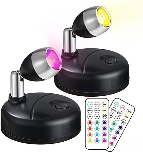 Klarlight RGB Mini LED Spot Batterie Fernbedienung Bildbeleuchtung Kabellos LED Spotlight Inner Lichter mit 13 Lichtfarben für Schrank Kunst Display Party Ambiente, 2 Stück