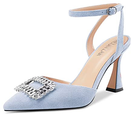HEUIVZAR Mujer Alto High Chunky Ancho Heel Puntiaguada Punta Sandalias Correa Tobillo Diamante Cristal Cierre con Hebilla de Boda Dress Zapatos Azul Claro 38 EU