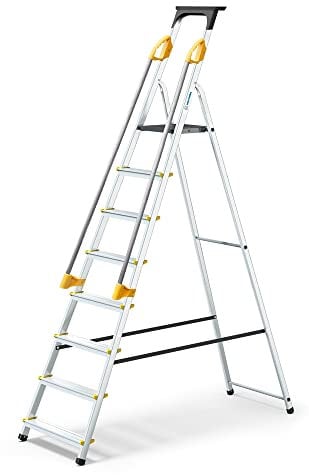 Escalera de 8 peldaños DURAMP segura con rampas, estante portaherramientas, estribo plegable aluminio, altura plataforma 162 cm, garantía de 5 años Hoström