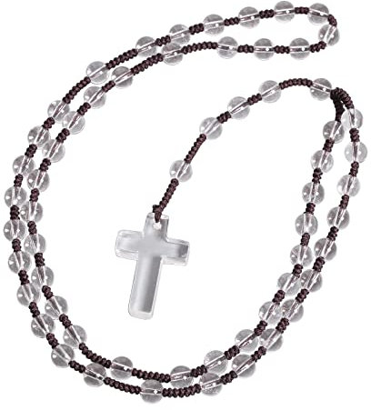 Nupuyai Kristall Kreuz Anhänger mit Bergkristall Stein Rosenkranz Kette für Damen Herren, Katholische Edelstein Gebetskette Kreuz Halskette Heilstein Reiki Schmuck