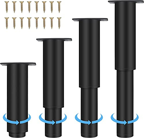 Pied de meuble en acier inoxydable réglable en hauteur - Noir - Épais - En acier - Pieds de meubles ronds avec vis et tournevis - Pour armoire, table, canapé, lit - 12 à 18 cm