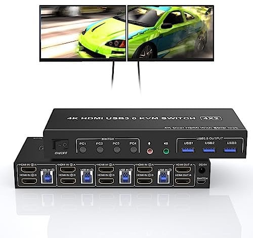 KVM Switch 4 Port 2 Monitore USB 3.0, unterstützt EDID, HDMI 4K 60Hz Monitor Switch für 4 PC 2 Monitore mit Audio Mikrofon Ausgang und 3 USB 3.0, KVM Switch 2 Monitore 4 PC 4 Computer