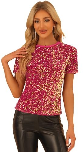 Allegra K Femme Top Fête Velours Col Rond Manches Courtes Paillettes | Détails Brillants Fêtes Week End Réunions Coupe Unie Tissu Velours Confortable