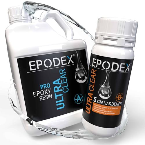 EPODEX Epoxidharz Set PRO+ | Kristallklares Epoxy Resin für Gießhöhen bis 5cm | Gießharz Set ohne oder mit Farbstoffen | Für River-Tische, Lampen, Projekte mit hohen Form- und Gussteilen, usw