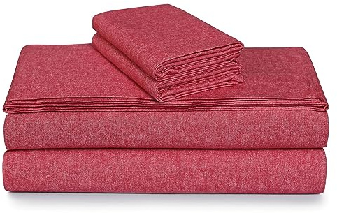 Tribeca Living Yarn Dyed 100% Cotton Queen Flannel Bed Sheet Set, Velvety Soft Portuguese Flannel Sheets, Extra Deep Pocket 4-Piece Bedding Set, 180-GSM Cozy Flannel, Heather Chili Pepper Red