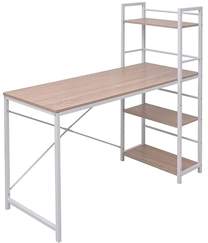 JUNZAI Schreibtisch mit Bücherregal mit 4 Böden, Regal, Schrank, Regal, Bookshelf, Leiterregal, Standregal, Wandregal, Aktenregal, DVD Regal, Eiche