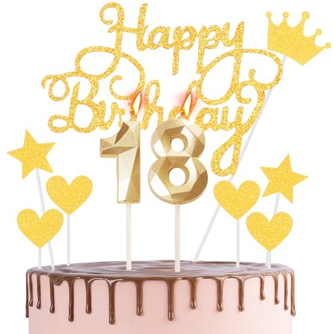 HONGCI Happy 18th Birthday Cake Topper & Birthday Candles Gold Number 18 Candles for Birthday Cake - 18th Birthday Candles Cake Cupcake Topper Birthday Cake Decorations for Girls Boys Birthday Gold