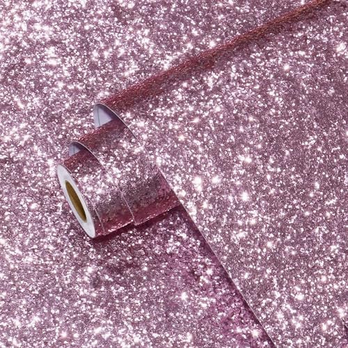 Yullpaper Selbstklebende Tapete Rosa Lila Glitzer Klebefolie Möbel Glitzer Tapete Schlafzimmer Dekorfolie Möbelfolie Selbstklebend Dick Folie für Küchenschränke Rosa Lila Wand Tapeten 40cm X 200cm