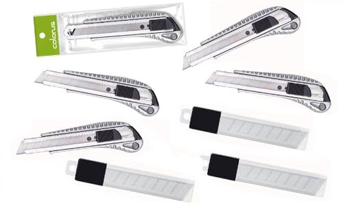 5 x Premium Colorus Alu Druckguss Cuttermesser 18mm inklusive 30 x Abbrechklingen | Teppichmesser klingen Universalmesser | Kartonmesser mit Arretierung | Paketmesser mit Metallführung
