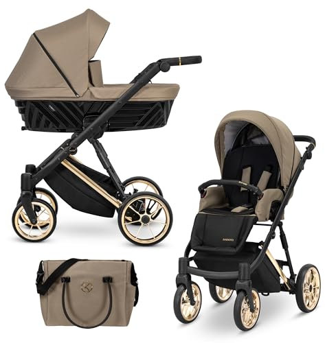 Kunert® IVENTO 2 in 1 Kinderwagen Kombikinderwagen komplettset I incl. Babywanne & Buggy Sportsitz mit Wickeltasche/Regenschutz +Fußsack I IVE 10 CARAMEL MACCHIATO/GOLD FRAME