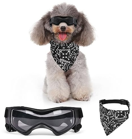 Adiwo Hundebrille,Wasserdicht Hundeschutzbrille mit Hundehalstuch Anti-UV Schutz Hunde Sonnenbrille mit Einstellbar Gummiband Winddichte Schutzbrille Motorradbrille für Kleine Mittelgroße Hunde -M