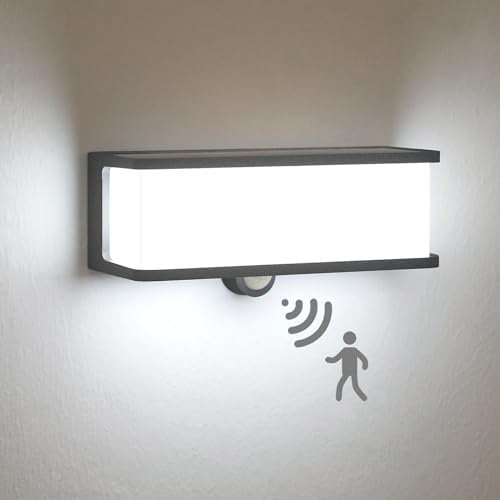 HLFVLITE Solarlampen für außen Solarleuchte mit Bewegungsmelder, 6500K Aluminium Led Außenleuchte Akku Wandlampe IP54 mit 3 Smart-Modi für Balkon, Terasse, Garten, Schwarz