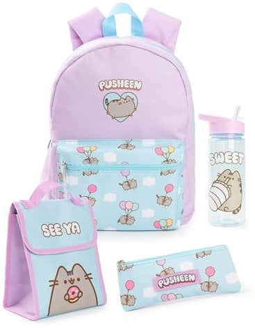 Pusheen Mädchen Rucksack Set | Kinder 4-teiliges blaues und rosafarbenes Rucksack-Bundle mit Schulranzen, Federmäppchen, Lunchtasche und Wasserflasche | Kätzchen Katze Grafik Komplettes Matching Set
