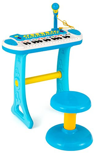 KOMFOTTEU 31 Tasten Keyboard Set für Kinder, Kinderklavier mit Sound Lichteffekte & Mikrofon, Elektronisches Klavier Spielzeug inkl. Hocker, Kinderkeyboard 22 Beat/8 Töne/7 Rhythmen (Blau)