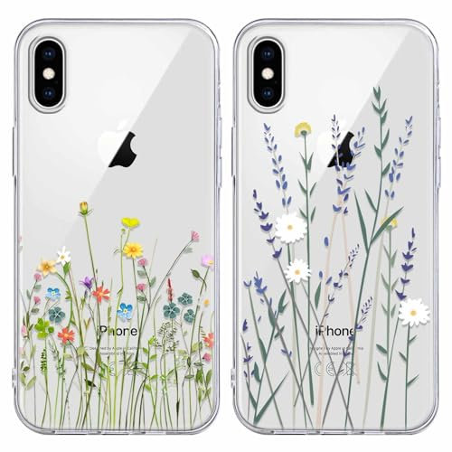 Yoedge 2 Pack Transparent Floral Phone Case for iPhone X/XS 5,8, Ultrathin Soft TPU Silicone with Aesthetics Pattern, Shockproof Bumper Protector Matte Cover for iPhone X, Girls Women Flowers