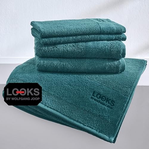 LOOKS by Wolfgang Joop Handtuch Set 5tlg. - 100% Baumwolle, 2 Gästehandtücher + 2 Handtücher + 1 Duschtuch mit Logostick, türkis