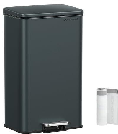 SONGMICS Kitchen Bin, 10.5 Gallon (40 L) Rubbish Bin, Large Step Bin with Lid, Steel, Soft Close, 15 Liner Bags Included, Charcoal Grey LTB540G02