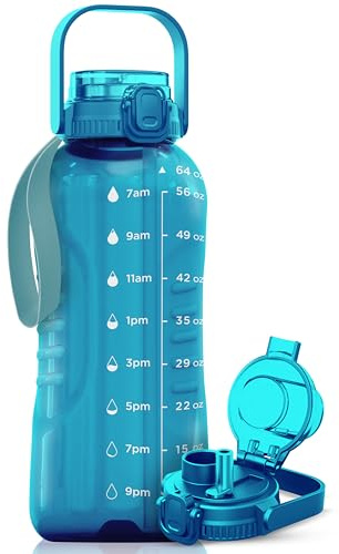 AQUAFIT 64 oz Water Bottle with Time Marker - 2in1 Straw & Chug Lid - BPA Free Big Jug with Strap - Gym Bottle (64 Ounces, Aqua)