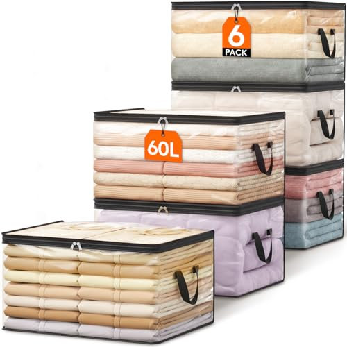 Lifewit 6 Pack Clear Clothes Storage Bags, 60L Plastic Blanket Storage Bags, Vinyl Foldable Moving Bags with Zipper, Closet Organizers and Storage Containers for Bedding, Duvet, Pillow