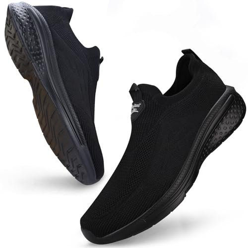 Giniros Mens Slip On Trainers Casual Trainers Shoes Breathable Running Walking Sneakers Lightweight Tennis Shoes Soft Comforble Mesh Gym Workout Sneakers, Black UK 7