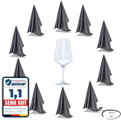 Walfinus Premium 10er-Set grau Mikrofaser Gläserpoliertuch fusselfreies, streifenfreies, kratzerfreie Microfaser Glaspoliertuch für Spiegel und Hochglanzoberflächen ca 50-60cm Poliertücher