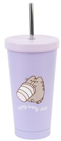 Grupo Erik Vaso termo Pusheen - Vaso con tapa y pajita 550ml, taza termica con cepillo limpieza - Vaso termico café frio o caliente sin BPA - Termo para café, Taza termo cafe para llevar