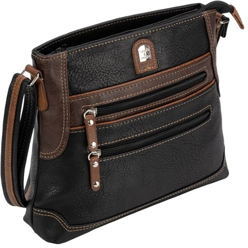 EAAKIE Damen Tasche, Schultertasche, Handtasche, Umhängetasche mit Leder Optik und vielen Fächern (SCHWARZ-BRAUN)