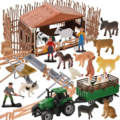 DAOUZL Bauernhof Tierfiguren Spielzeug,Realistische Tierfiguren Set,15 Tierfiguren,3 Figuren,Bauernhof Tiere Figuren Spielzeug, Bauernkarren, Zäune, Bauernhof, Lernspielzeug Set für Kinder ab 3 Jahren