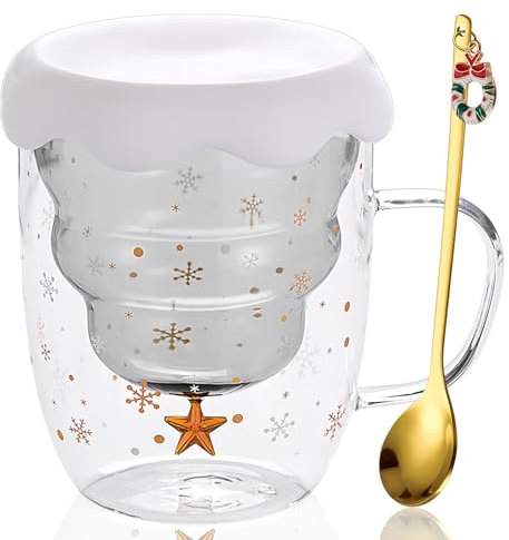 Jinlaili Tasses Mignonnes de Noël, Verres à Café Double Paroi Avec Couvercle, Sapin Noël Tasse à Expresso, Cadeau (Blanc)